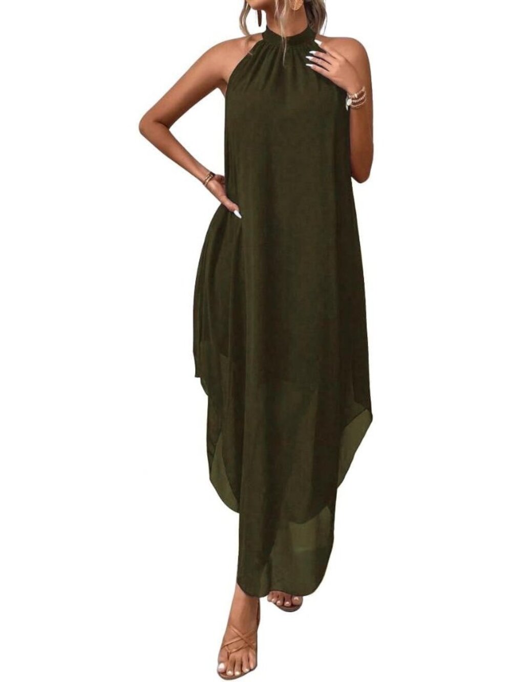 Women's Green Flowy Chiffon Elegant Cocktail Halter Neckline Lightweight Maxi